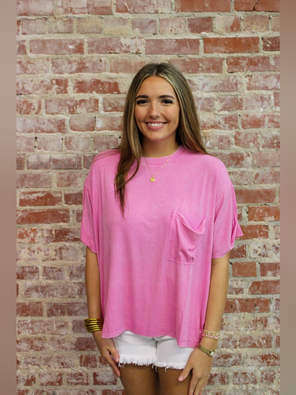 Zenana Candy Pink Washed Ribbed Cuffed Short Sleeve Round Neck Top